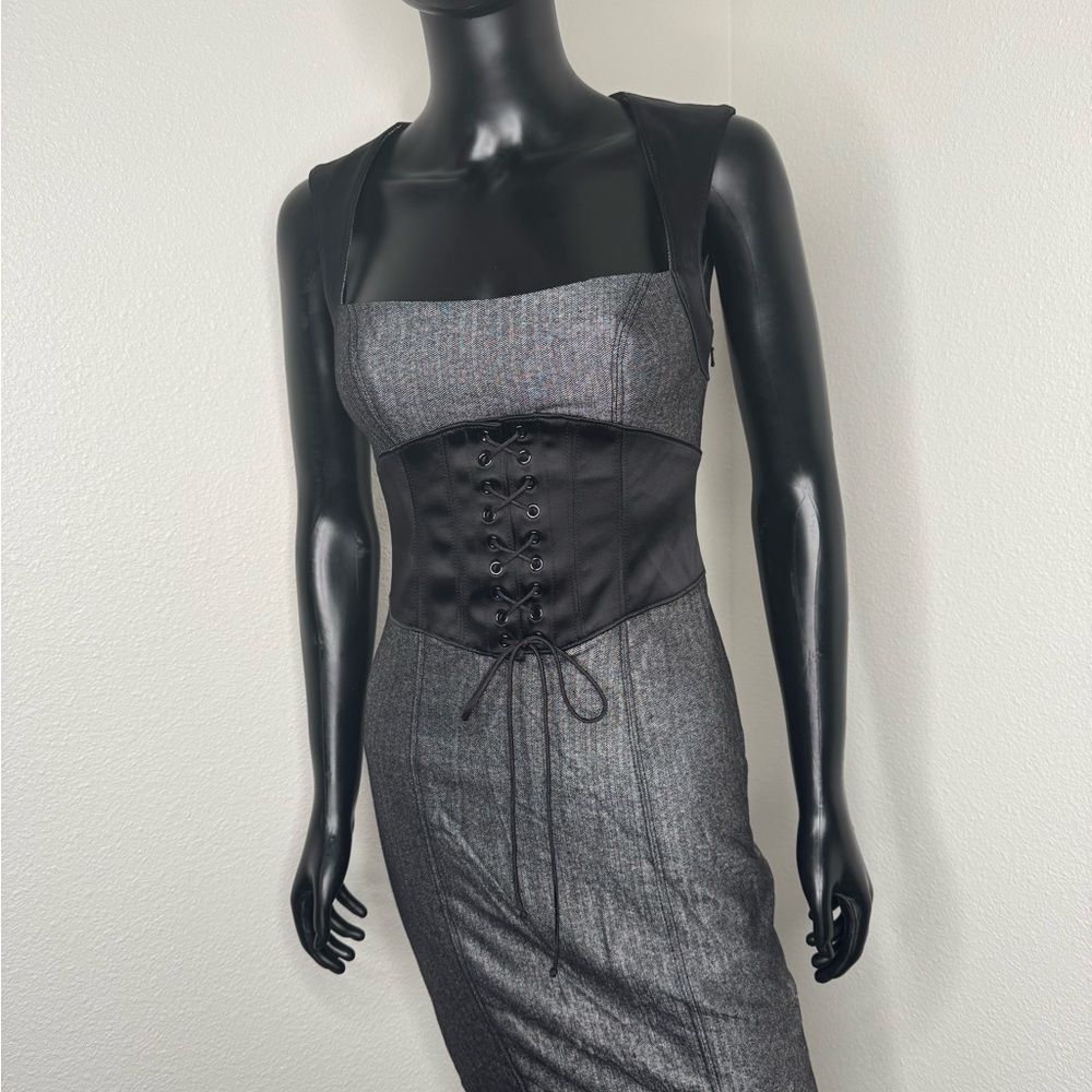 bebe Gray and Black Midi Corset Dress